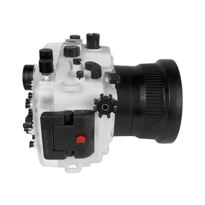 Boîtier de caméra sous-marine Sony A7 III / A7R III PRO V.3 série 40M/130FT avec port plat long de 6" pour SONY FE 24-70mm F2.8 GM II (port standard inclus). Blanc