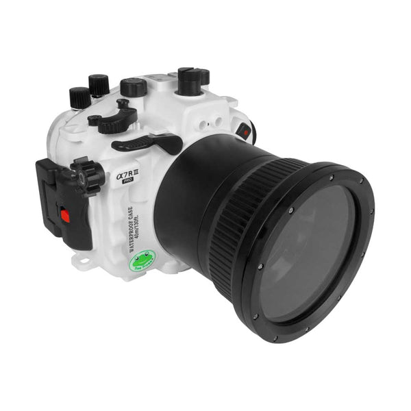 Custodia per fotocamera subacquea Sony A7 III / A7R III PRO serie V.3 40M / 130FT (inclusa porta piatta lunga) Ingranaggio di messa a fuoco per FE 90mm / Sigma 35mm incluso. Bianco