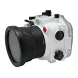Caixa de câmera subaquática Sony A9 II com porta longa plana de vidro óptico de 6" para Sony FE24-105 F4 (e porta padrão). Branco