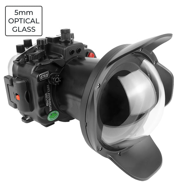 Sony A7R IV PRO 40M/130FT FE16-35mm F2.8 GM (engrenagem de zoom incluída) Kit de caixa de câmera UW com porta V.2 de cúpula de vidro óptico de 6" (sem porta padrão). Preto