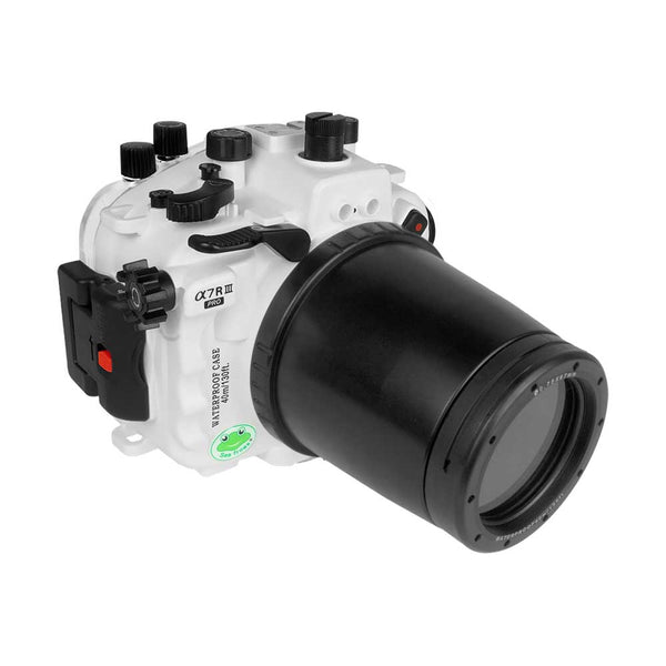 Boîtier de caméra sous-marine Sony A7 III / A7R III PRO V.3 Series 40M / 130FT avec port plat fileté de 67 mm pour objectif macro FE 90 mm (équipement de mise au point inclus) et ensemble de ports standard. Blanc