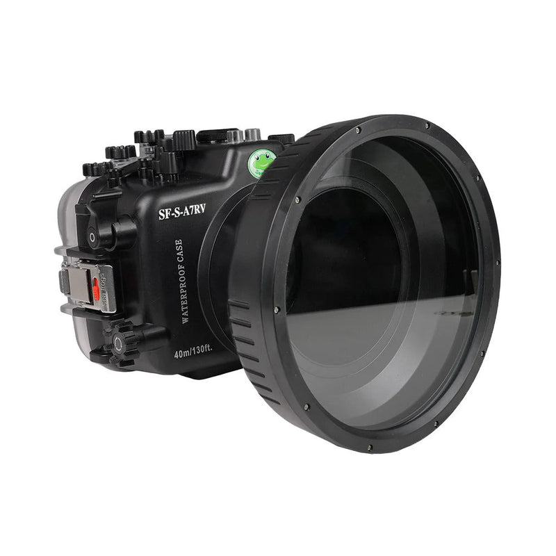 Sony A7R V 40M/130FT Unterwasserkameragehäuse mit 6" flachem, kurzem Anschluss aus optischem Glas (FE16-35mm F4 Zoomgetriebe).