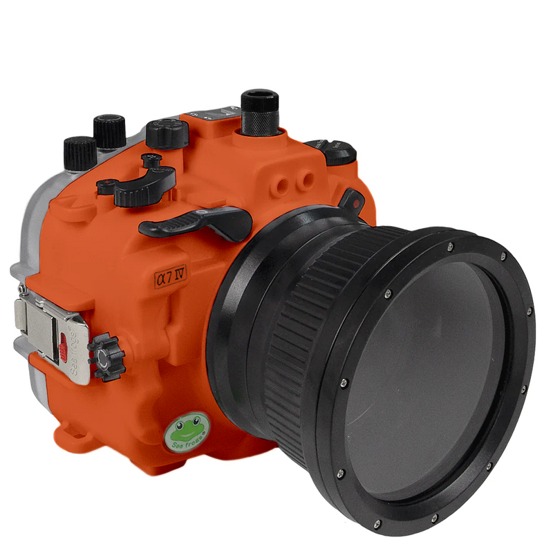 Boîtier de caméra UW série Salted Line Sony A7 IV FE PZ 16-35 f4G avec port dôme V.7 de 6" et bague de zoom (port standard inclus). Orange