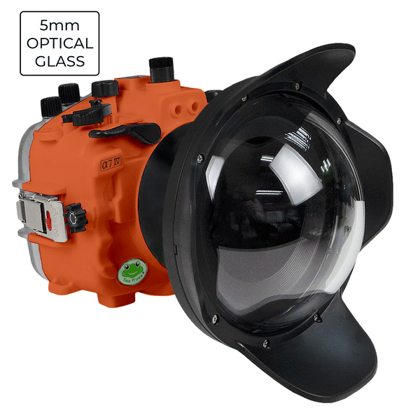 Boîtier de caméra UW série Salted Line Sony A7 IV FE12-24mm f4g / FE16-35 f4 avec port dôme en verre optique 6" V.10 (avec anneaux de zoom). Orange