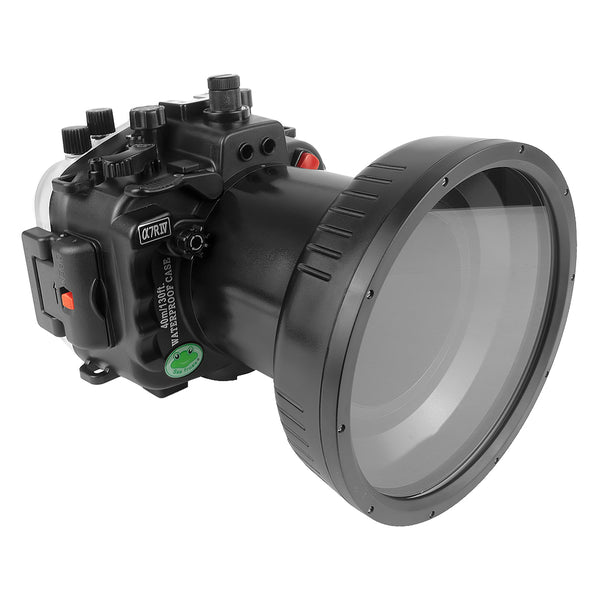 Custodia per telecamera subacquea Sony A7R IV PRO 40M/130FT con porta lunga piatta in vetro ottico da 6" per SONY FE24-70 F2.8 GM II (senza porta standard). Nero