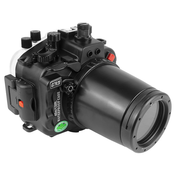 Custodia per fotocamera subacquea Sony A7R IV PRO 40M/130FT con porta piatta filettata da 67 mm per obiettivo macro Sony FE90 (ingranaggio di messa a fuoco incluso) senza porta standard.Nero