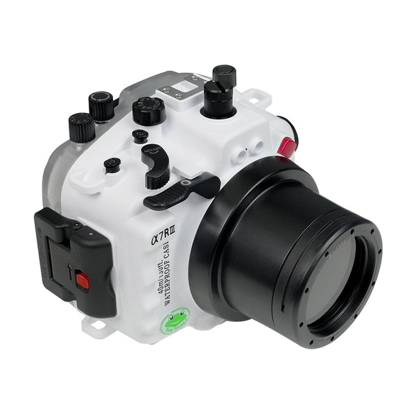 Sony A7 III / A7R III V.3 Series SeaFrogs 40M/130FT Boîtier étanche avec port plat standard avec filetage 67 mm pour objectif Sony FE 28-70 mm F3.5-5.6 OSS (zoom manuel inclus) Blanc