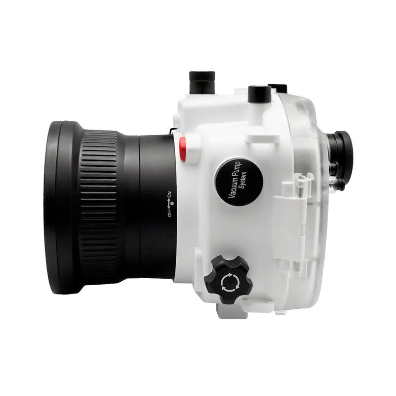 Sony A7 III / A7R III PRO V.3 serie 40M/130FT Custodia subacquea per telecamera con porta piatta lunga da 6" per SONY FE 24-70mm F2.8 GM II (porta standard inclusa). Bianco