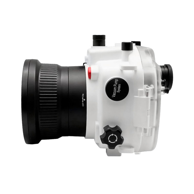 Boîtier de caméra sous-marine Sony A7 III / A7R III PRO V.3 série 40M/130FT avec port plat long de 6" pour SONY FE 24-70mm F2.8 GM II (port standard inclus). Blanc