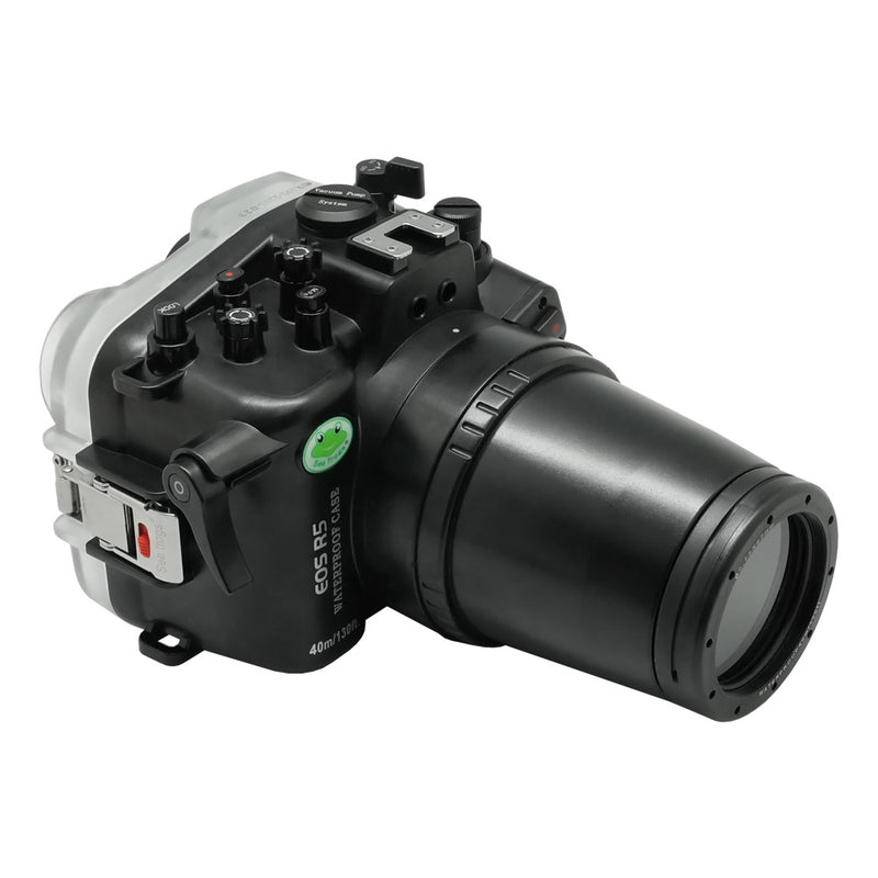 Carcasa de cámara submarina SeaFrogs de 40 m/130 pies para Canon EOS R5 con puerto Flat Long con rosca de 67 mm