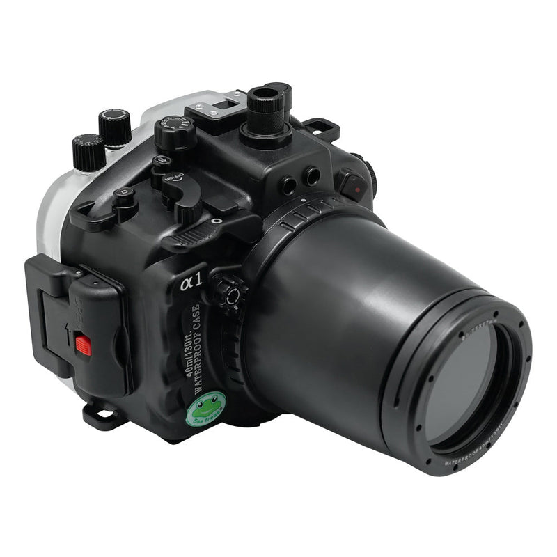 Sony A1 40M/130FT Underwater camera housing with 67mm threaded flat port for FE90mm macro lens (focus gear included) without standard port.Black