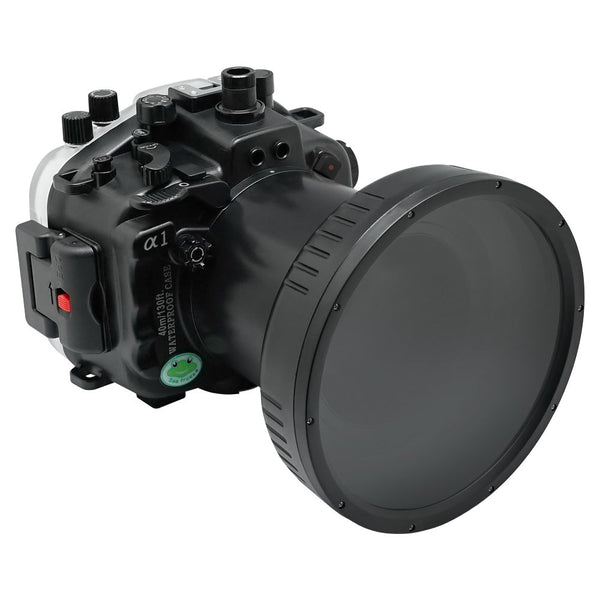 Custodia per telecamera subacquea Sony A1 40M/130FT con porta lunga piatta in vetro da 6" per attrezzatura zoom Sony FE24-70mm F2.8 GM (senza porta standard) inclusa. Nero