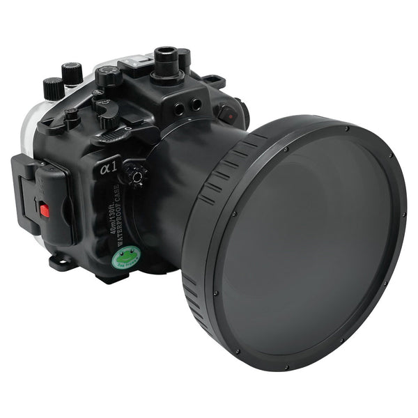 Custodia per fotocamera subacquea Sony A1 40M/130FT con porta lunga piatta in vetro da 6" per attrezzatura zoom Sony FE24-70mm F2.8 GM II (senza porta standard) inclusa. Nero