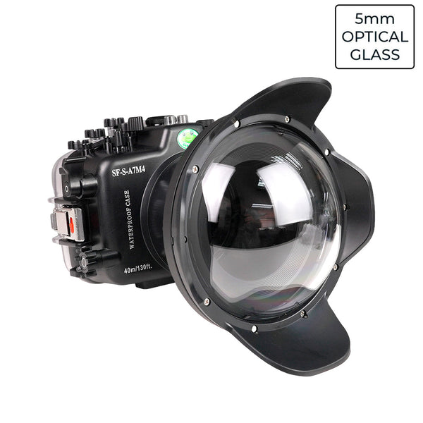 Carcasa de cámara submarina Sony A7 IV NG 40M/130FT (puerto de domo seco de vidrio óptico de 6" V.10) SONY FE16-35mm F4 Zoom gear.