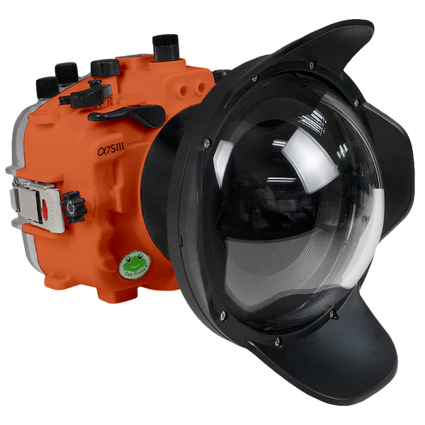 Boîtier de caméra UW série Salted Line Sony A7S III FE PZ 16-35 f4G avec port dôme V.7 de 6" et bague de zoom (port standard inclus). Orange
